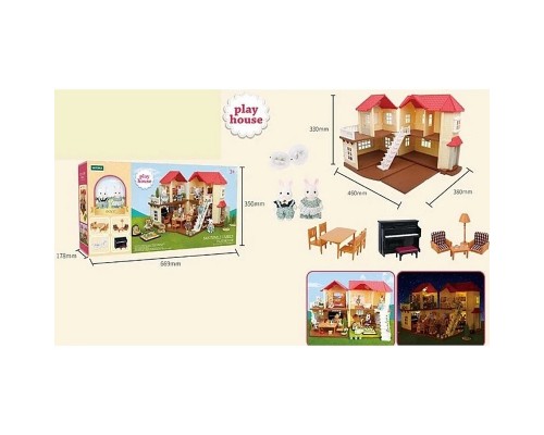 Домик Счастливая семья Family 2 фигурки флоксовые Зайчики, мебель, свет (01)